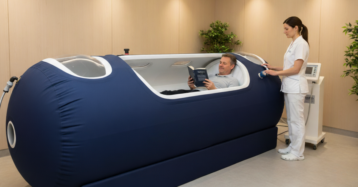 Patient relaxing in hyperbaric oxygen chamber for enhanced healing
